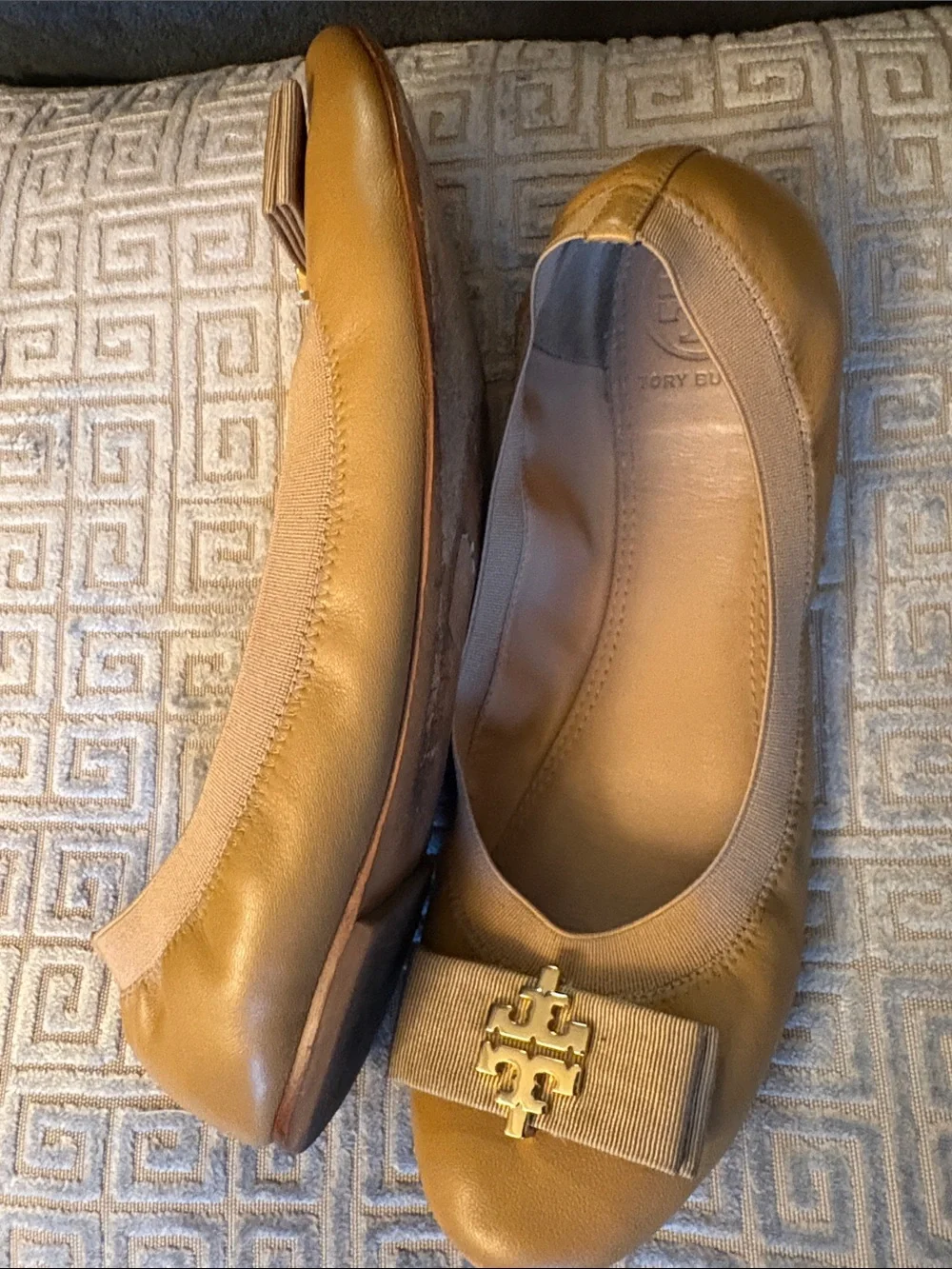 Tory Burch Camel Leather Logo Bow Flats